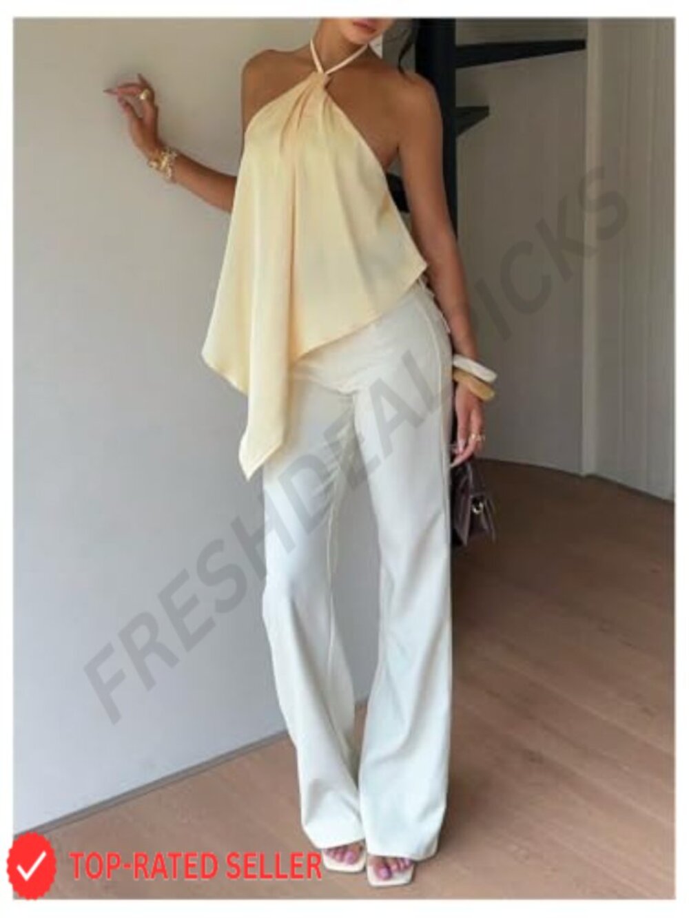 Satin Halter Cami Top Asymmetrical Ruffle Backless Tie Back Sleeveless - Picture 4 of 4